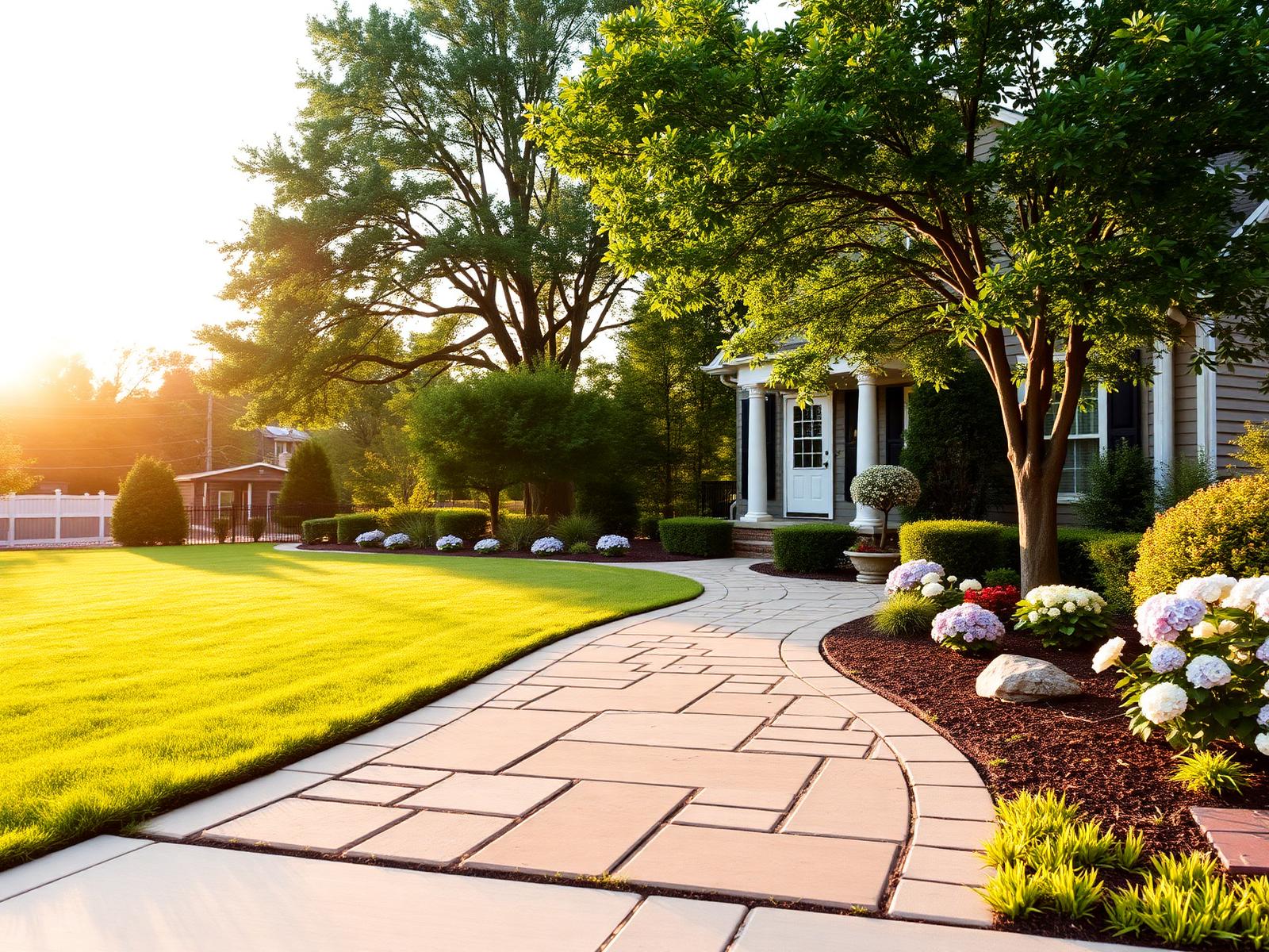 Manicured front lawn with stone paver walkway and ornamental garden beds at golden hour in Nashville